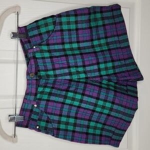 Vintage 90s Liz Thomas purple green plaid high waist rolled shorts juniors